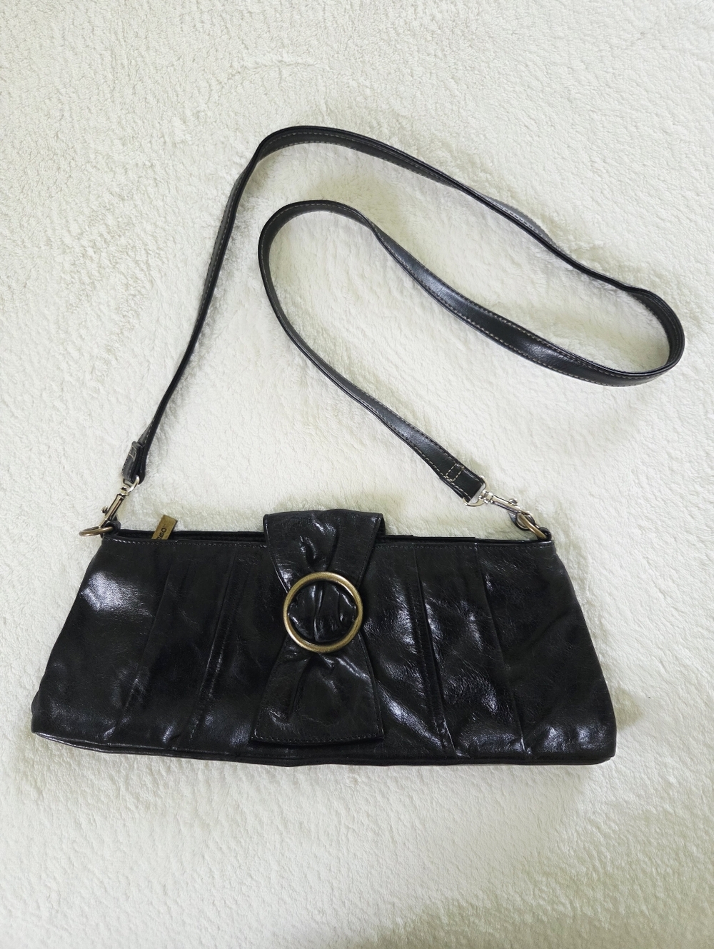 HOBO ✨️ Women's Black Leather Shoulder Bag with Gold Ring Accent
